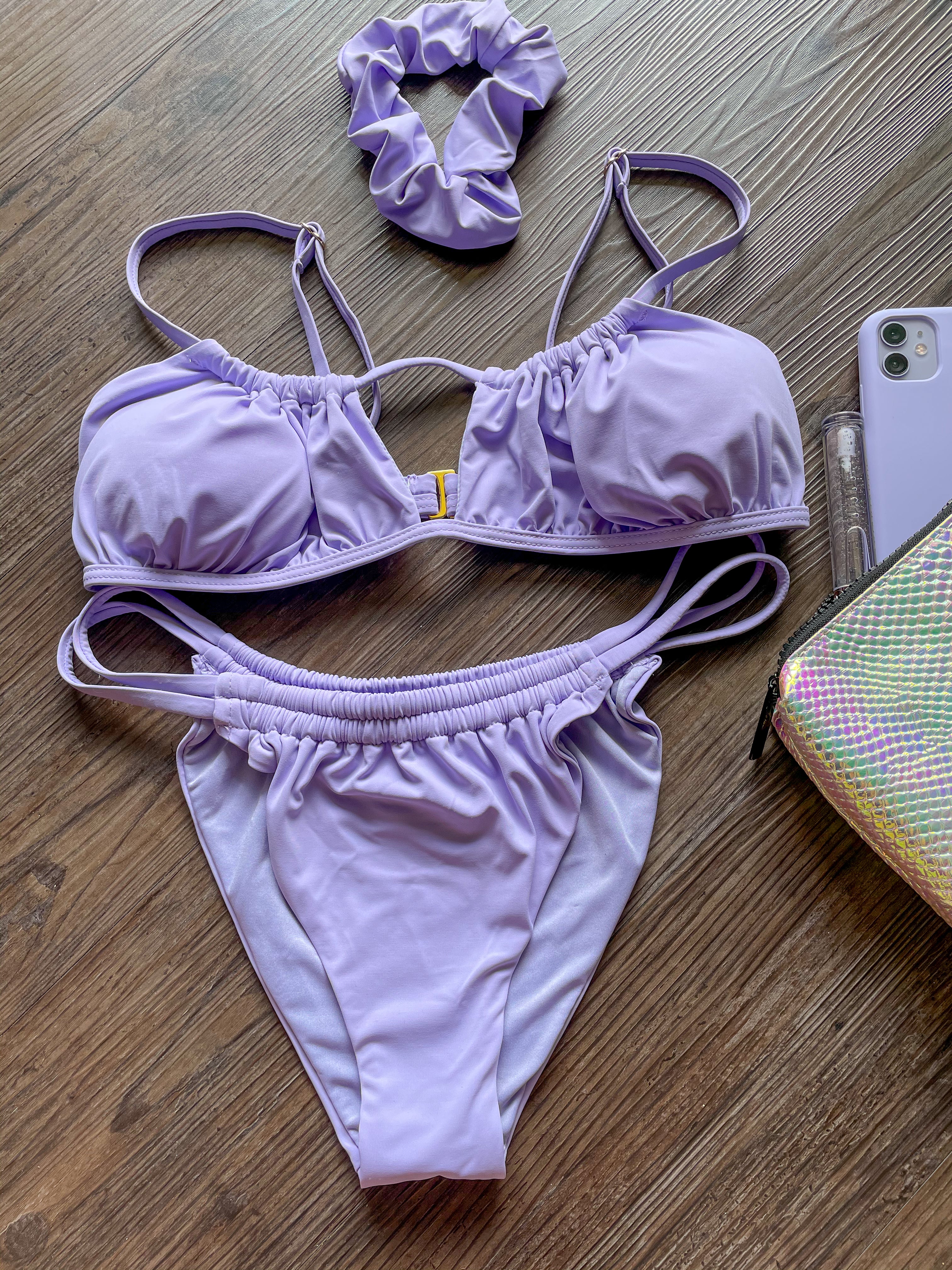 Trendy 3 piece lavender swimsuit set. Lavender 3 Piece Set Hair Scrunchie Is Included  Adjustable Bra Straps & Removable Padding 